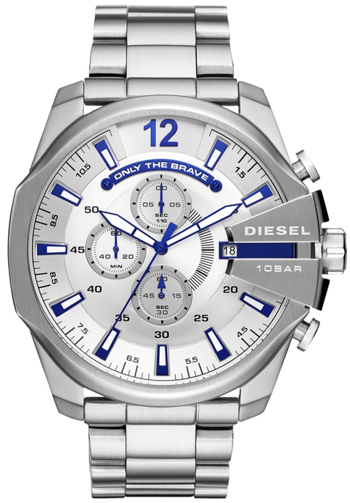 Diesel DZ4477 Mega Chief Chronograph Men's Watch - White Dial & Silver Stainless Steel Strap