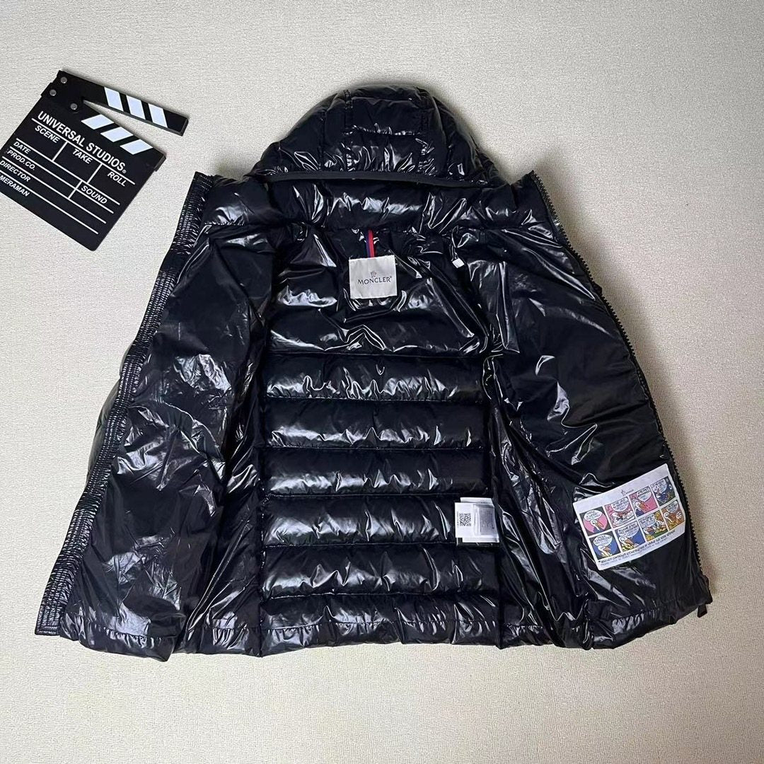Womem Moncler coat Black Glossy Hooded Puffer Jacket — detail