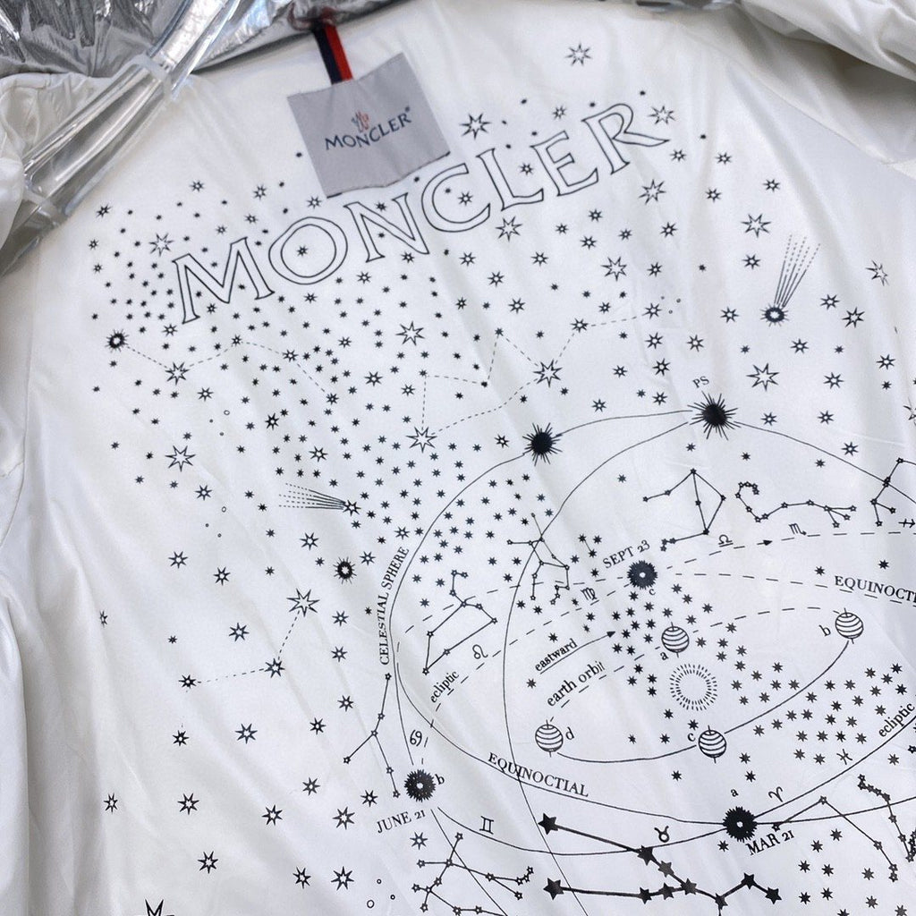 Moncler Silver Plush Panel Puffer Coat — detail