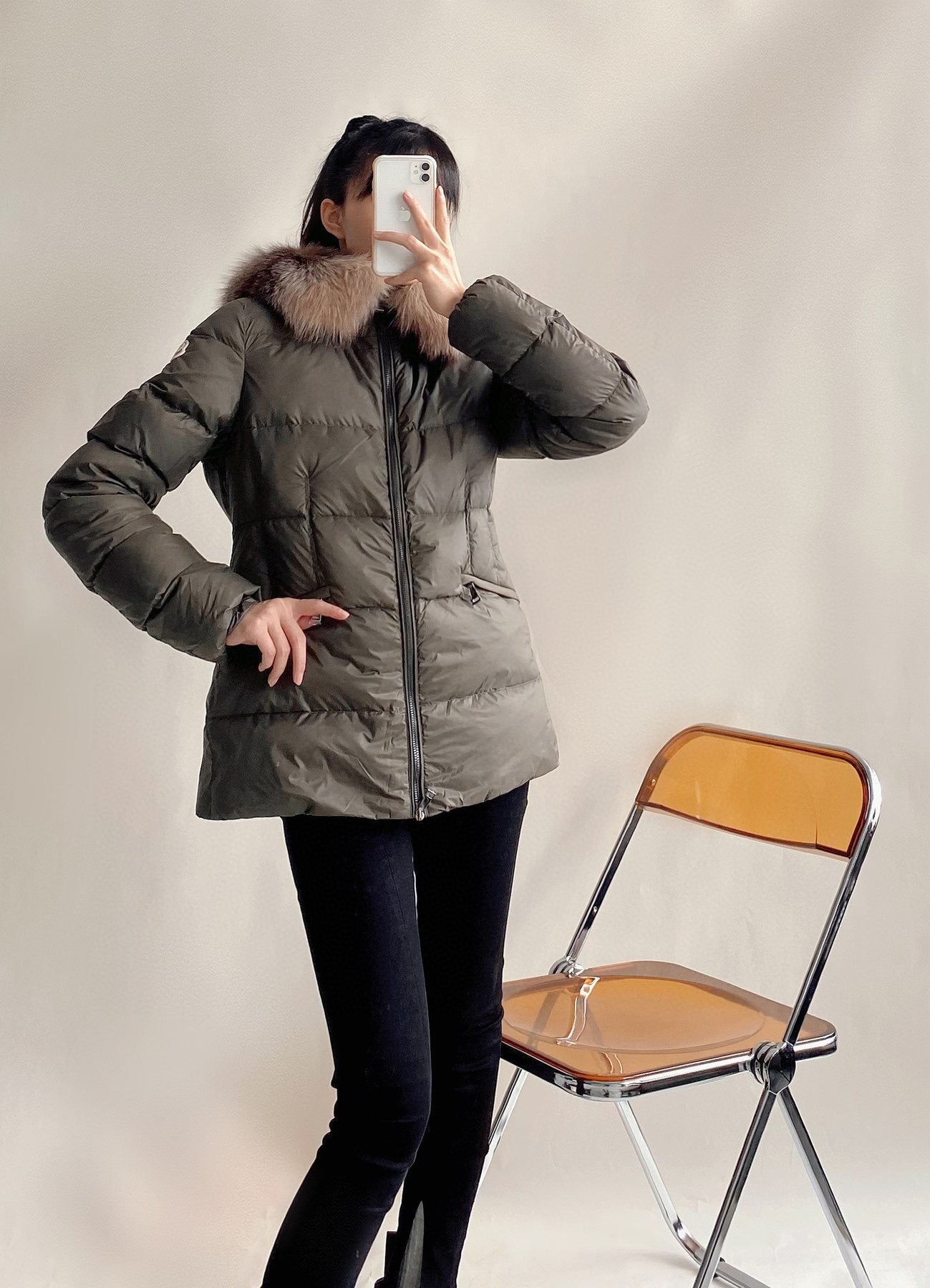 Moncler Fur-Trim Belted Puffer Coat — context