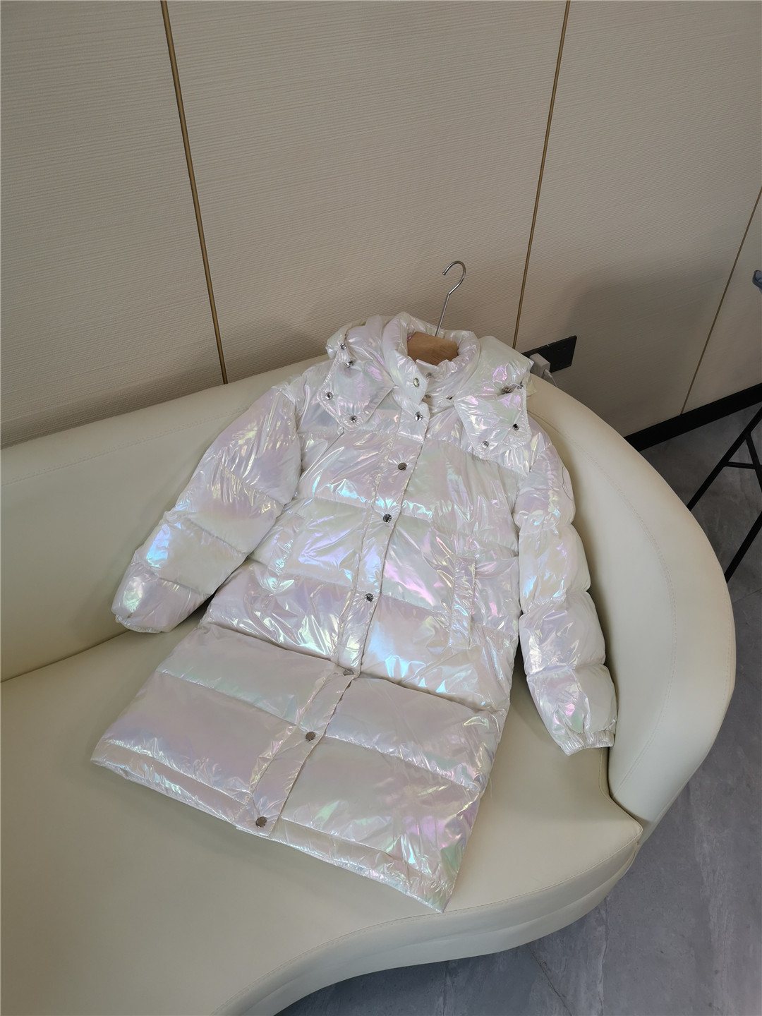 Moncler Women's Iridescent White Long Down Coat — detail