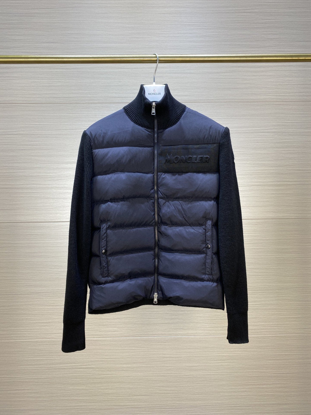 Moncler Knit-Sleeve Quilted Down Jacket — hero