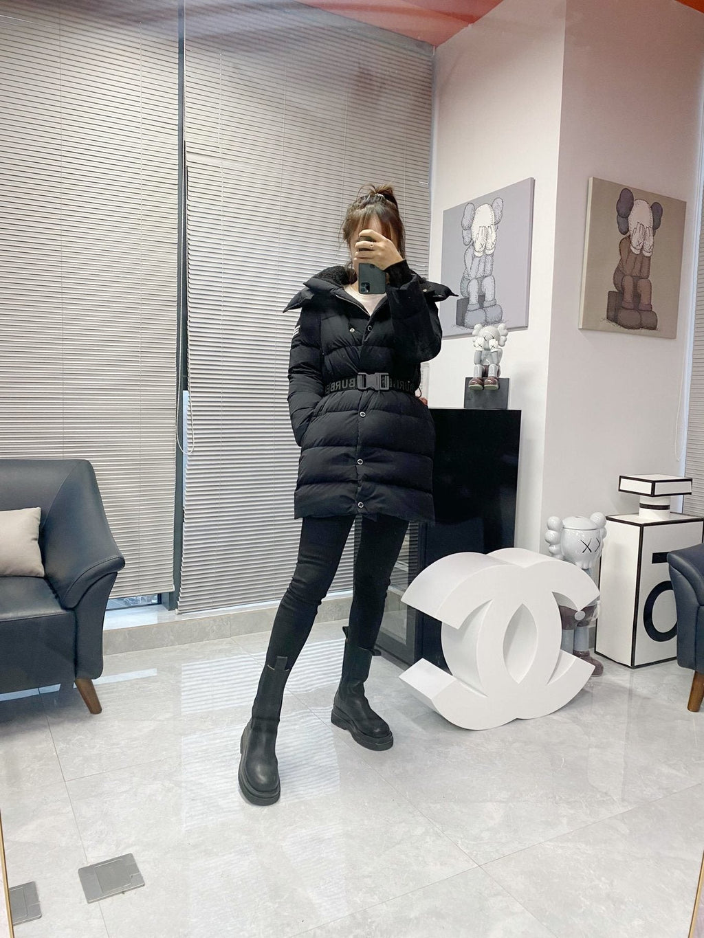 Burberry Women's Black Belted Hooded Long Down Jacket — context