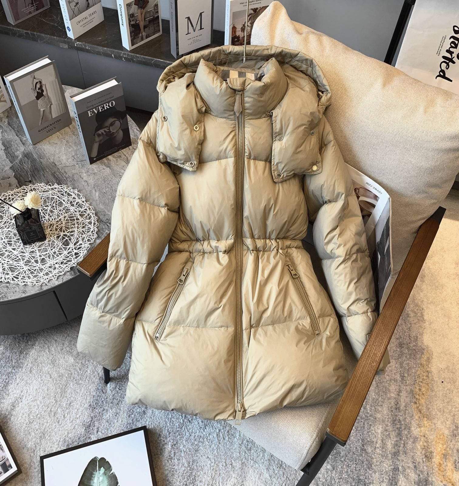 Burberry Hooded Quilted Long Down Jacket — front
