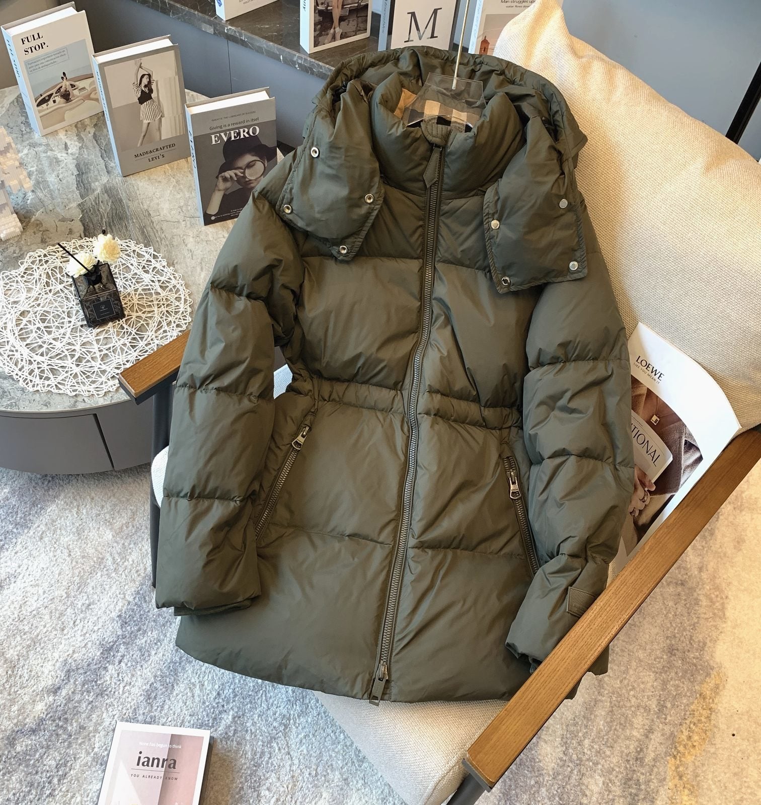 Burberry Hooded Quilted Long Down Jacket — front