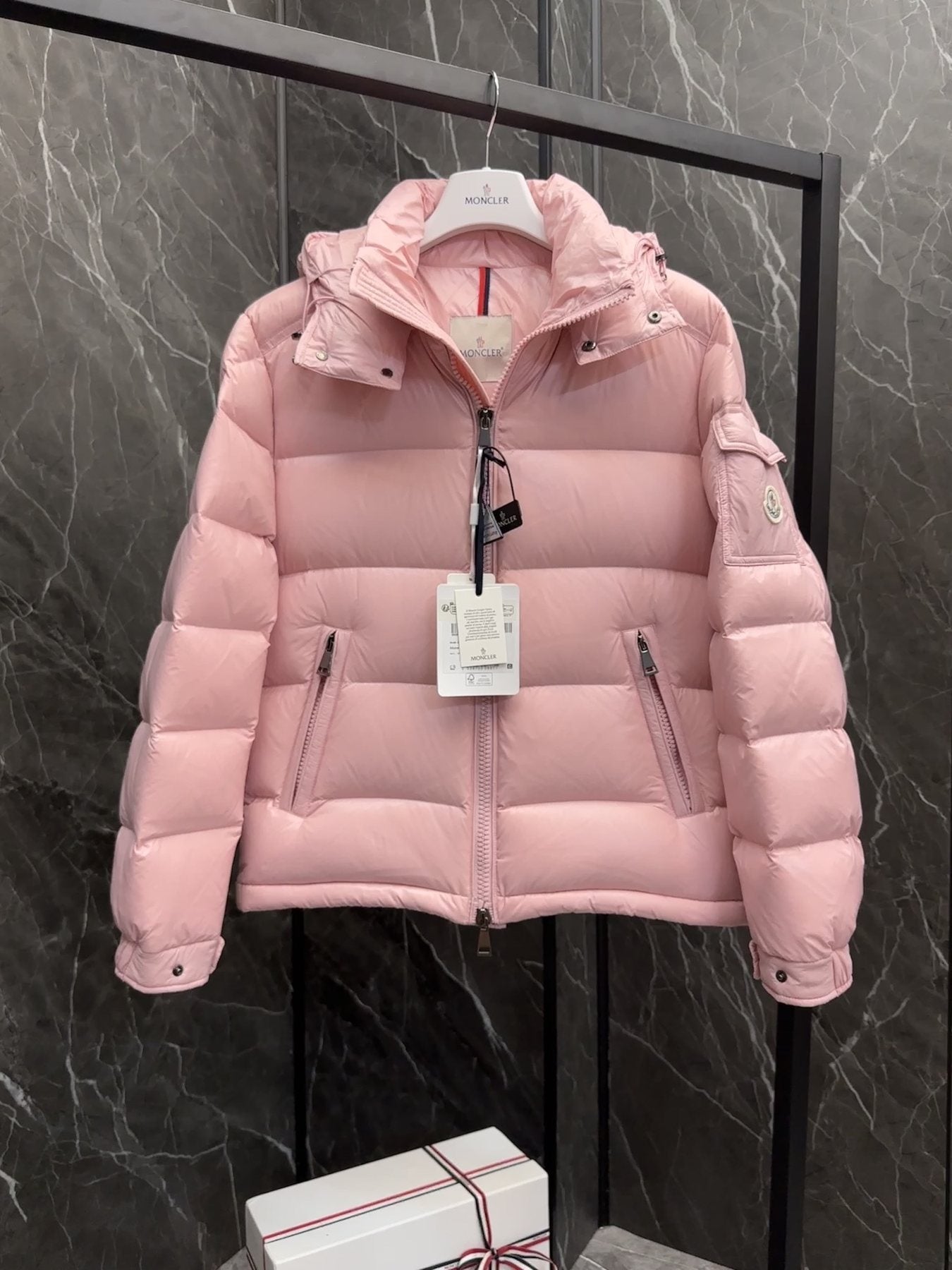 Moncler Maire Hooded Glossy Puffer Coat — hang_tag