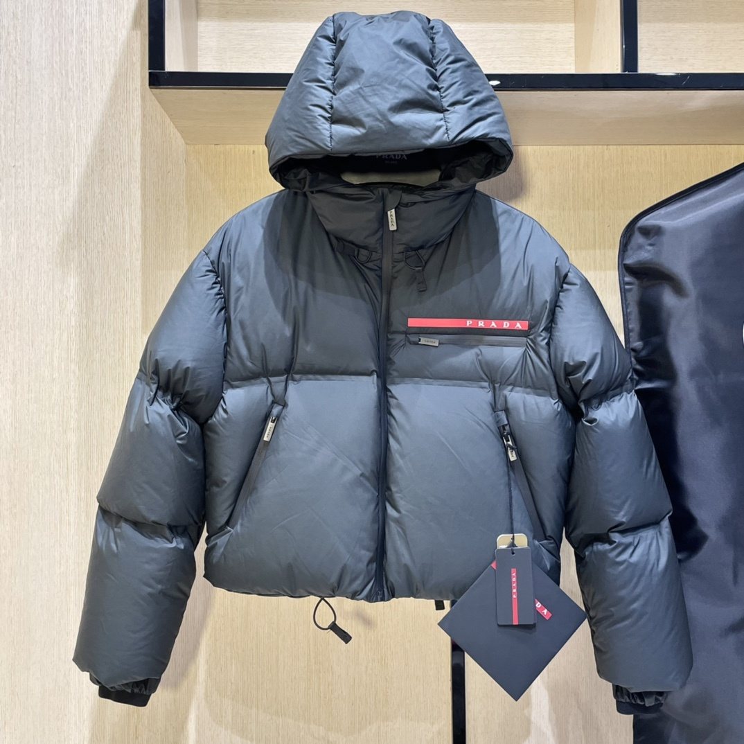 Prada Women's Cropped Hooded Puffer Jacket — hang_tag