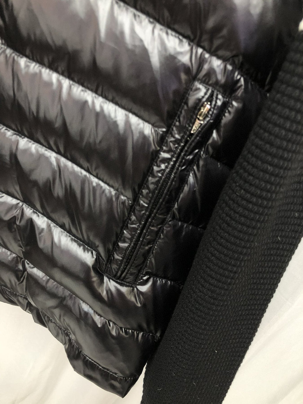 Moncler Knit-Sleeve Quilted Down Jacket — detail