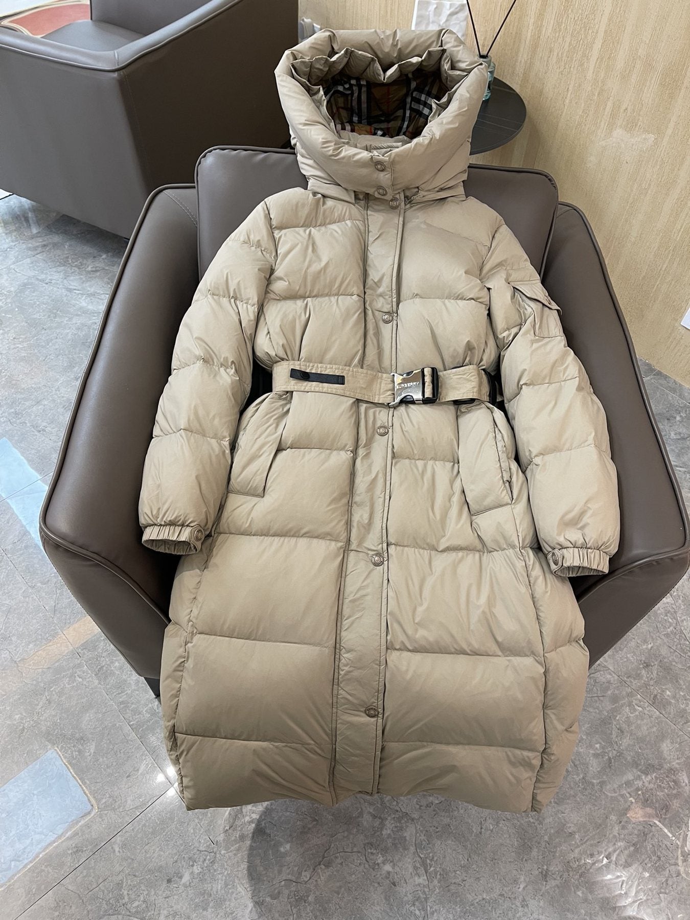Burberry Long Belted Down Jacket — front