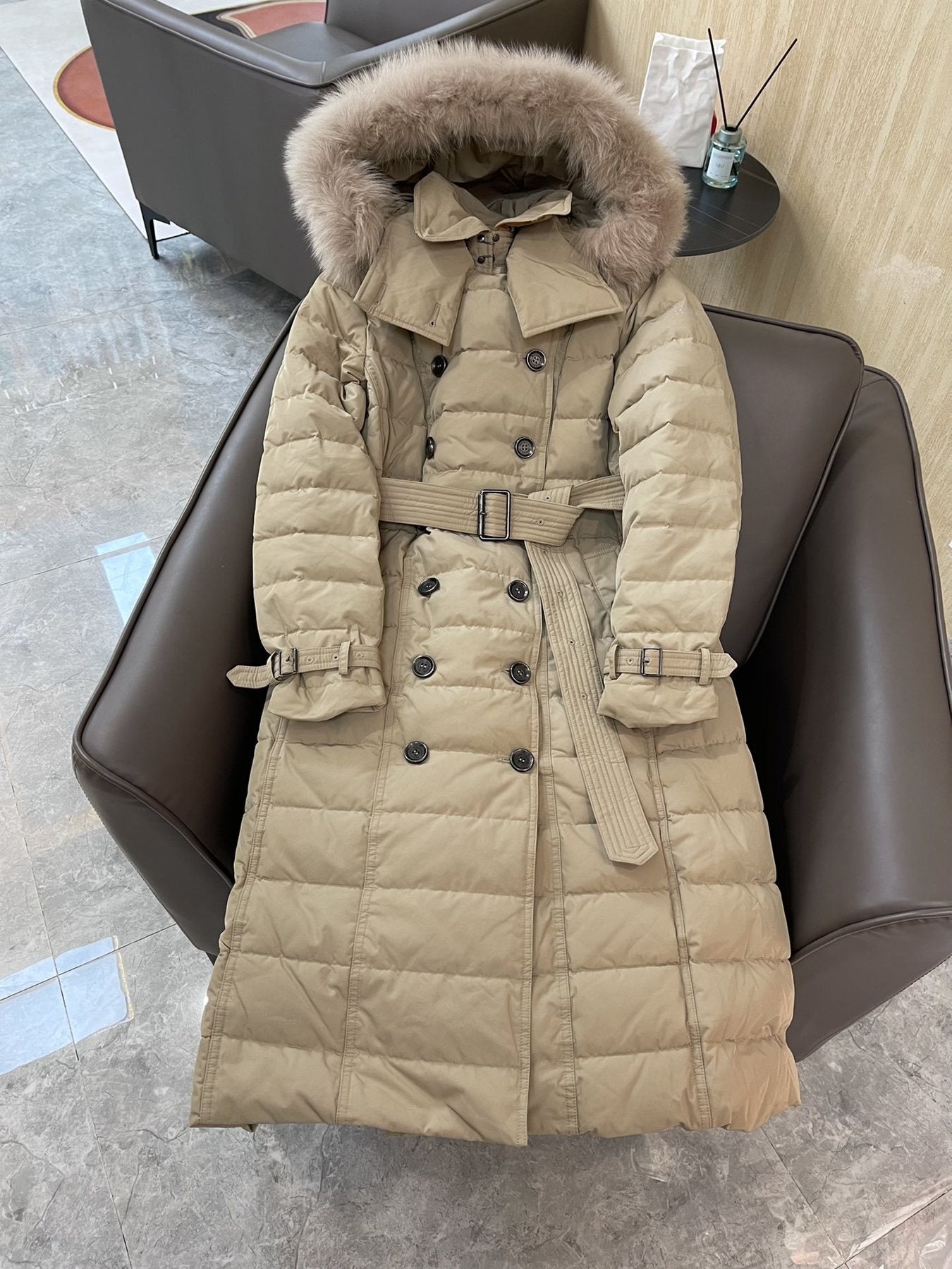Burberry Belted Hooded Long Down Jacket — front