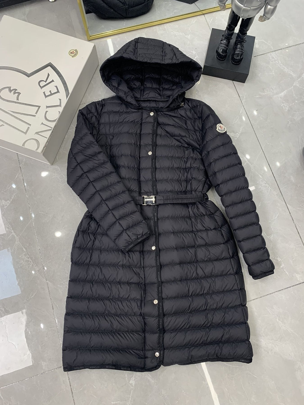 Moncler Women’s Belted Hooded Long Down Coat — front