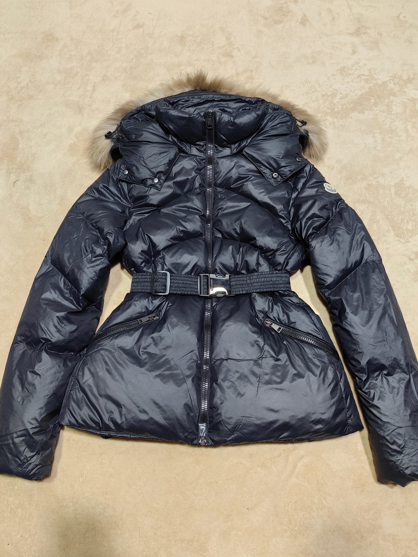Moncler Women's Fur-Trim Hood Belted Short Down Coat — front