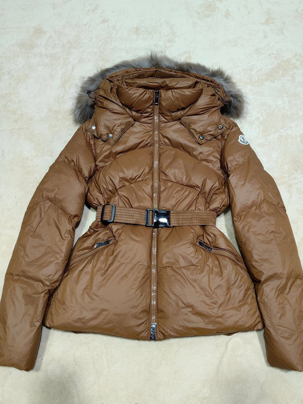 Moncler Women's Fur-Trim Hood Belted Short Down Coat — front