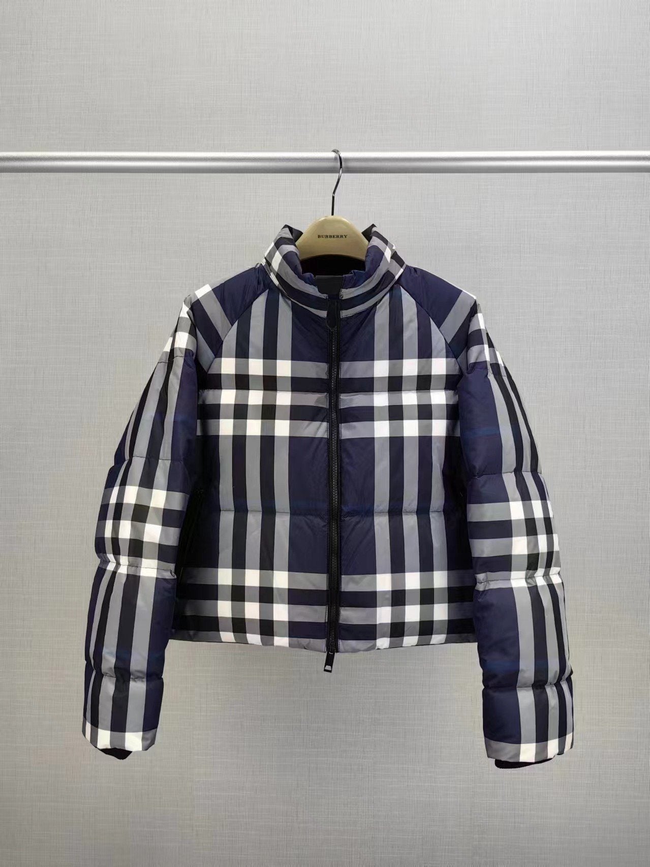Burberry Beige and Navy Check Short Puffer Jacket — front