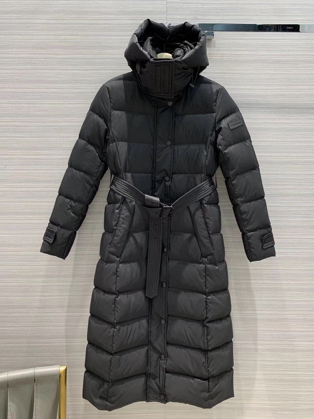Burberry Belted Hooded Long Down Jacket — front