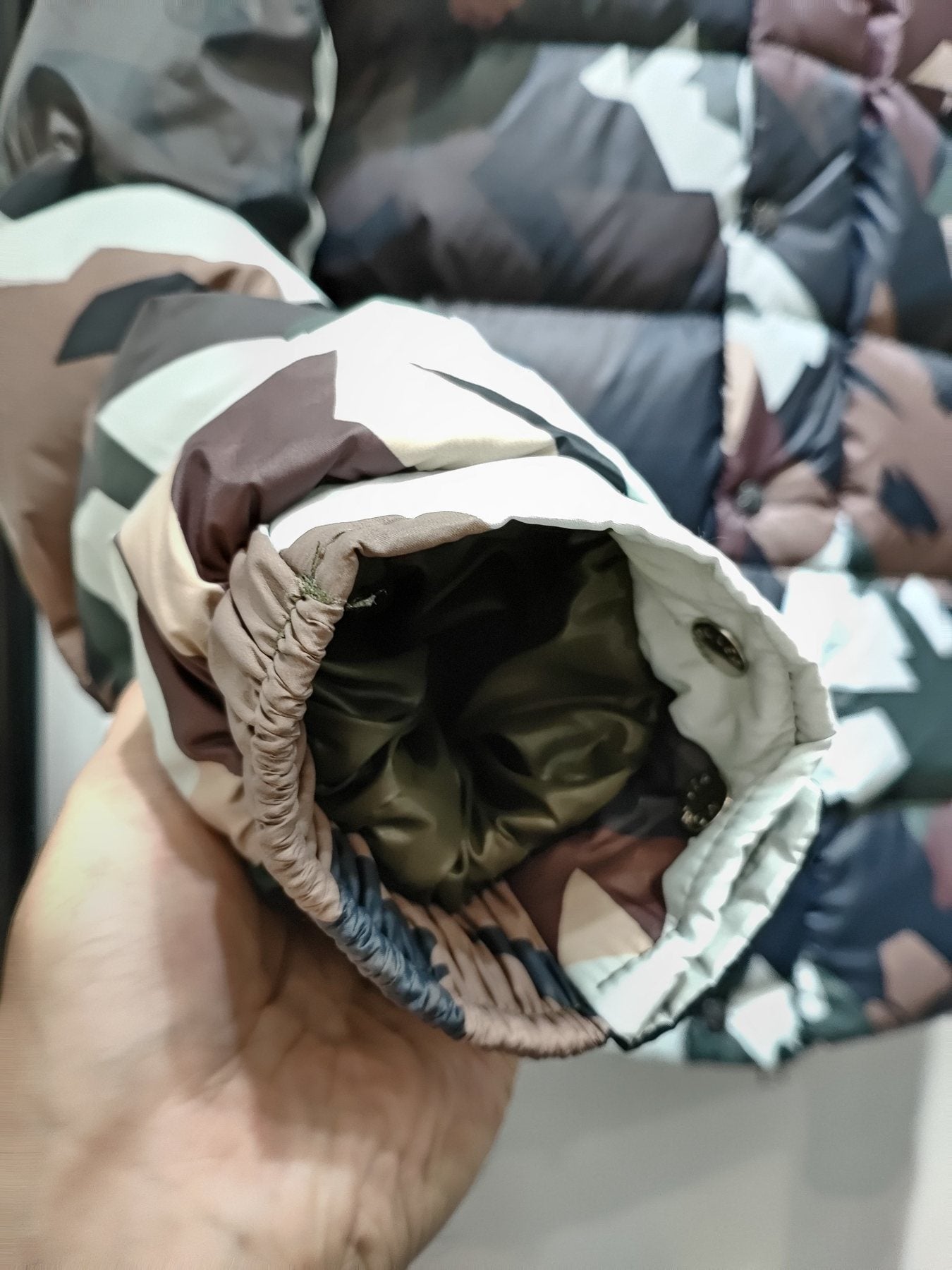 Moncler Geometric Camouflage Hooded Puffer Coat — detail