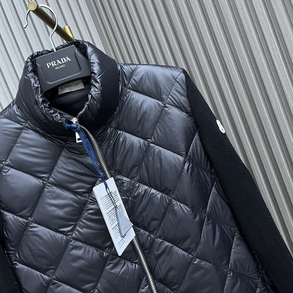 Moncler Diamond-Quilted Knit Sleeve Down Coat — detail