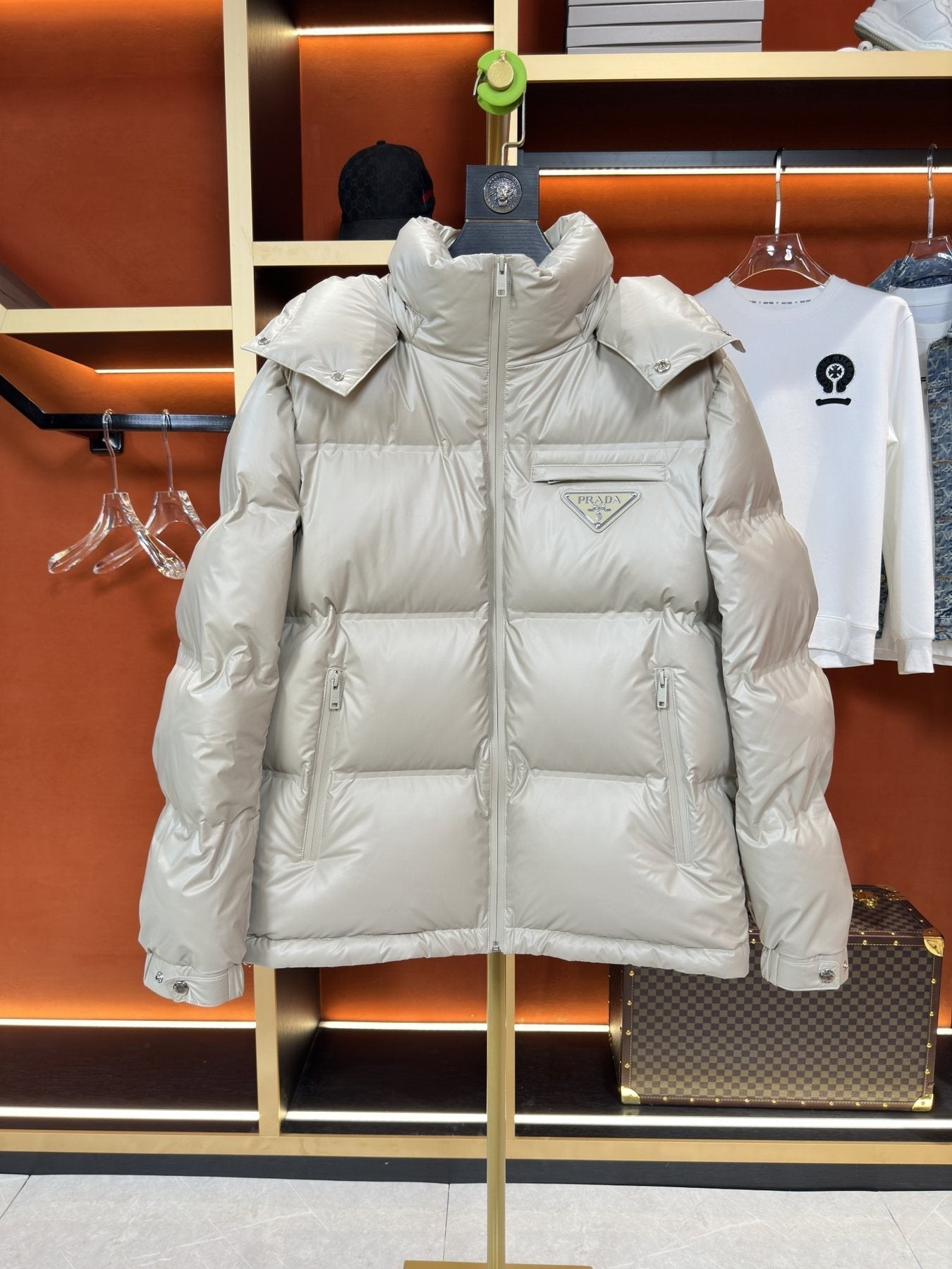 Prada Hooded Triangle-Badge Puffer Jacket — front