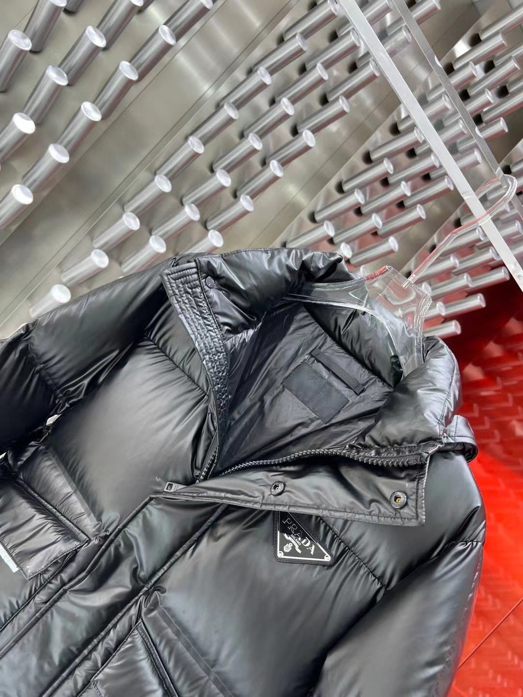 Prada Black Hooded Quilted Puffer Jacket — detail