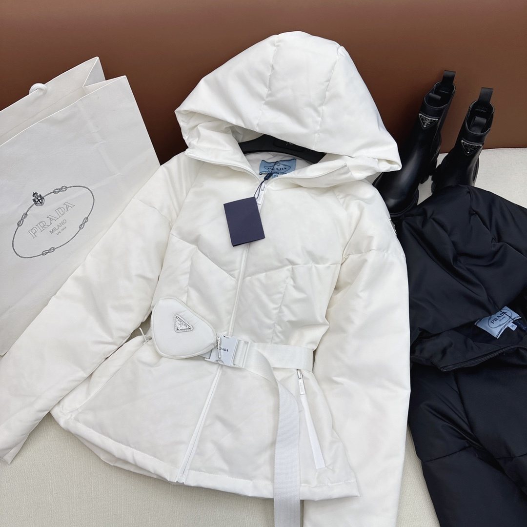 Prada Belted Hooded Short Down Jacket — front