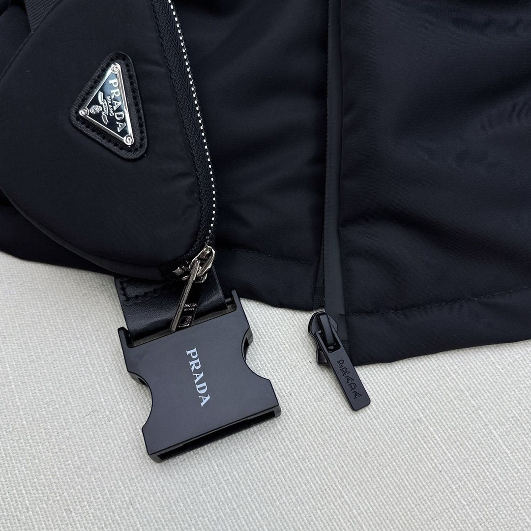 Prada Belted Hooded Short Down Jacket — detail
