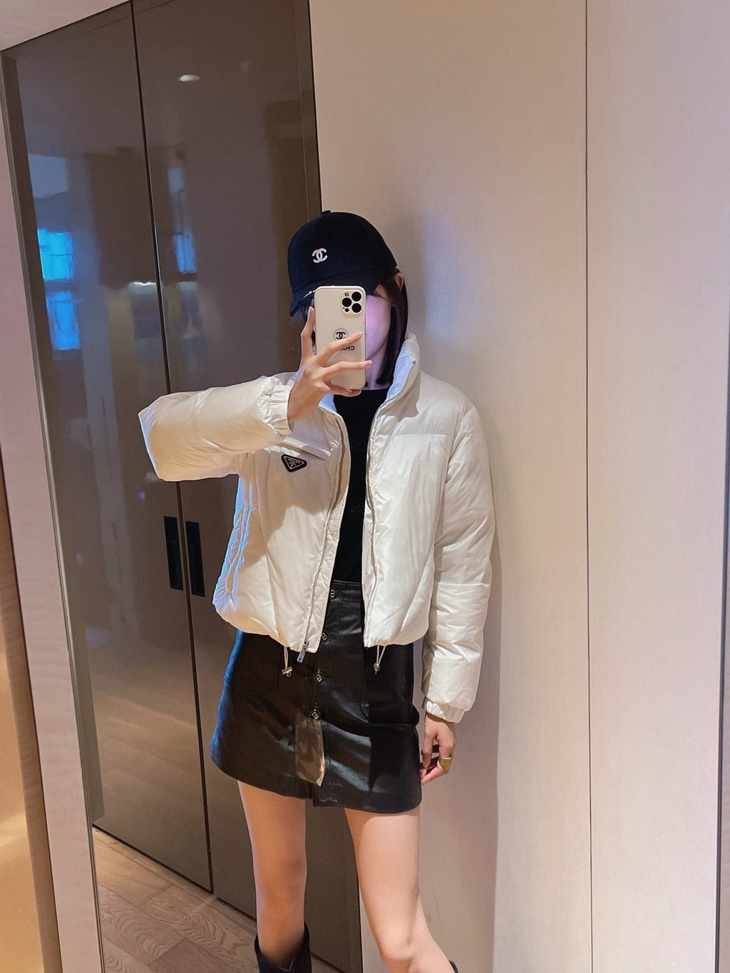 Prada Triangle Plaque Short Down Jacket — context