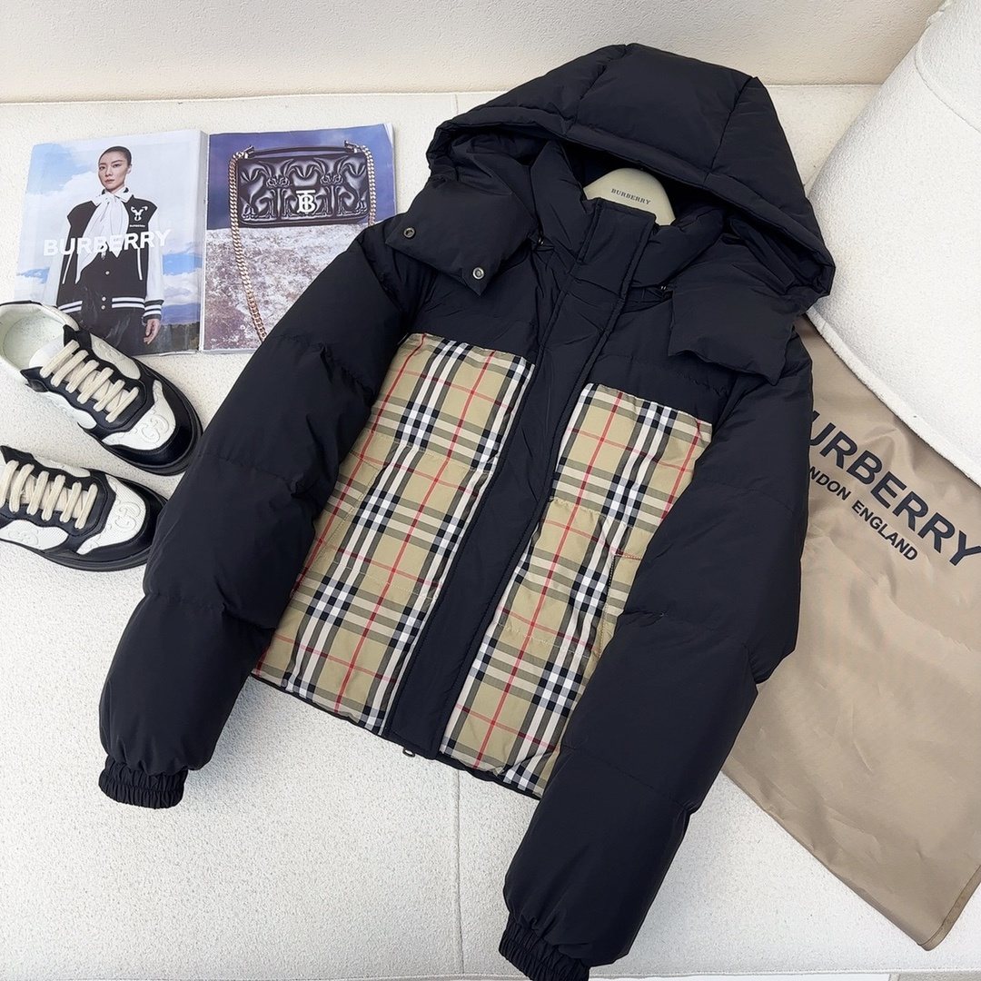 Burberry Checked-Panel Hooded Puffer Jacket — front