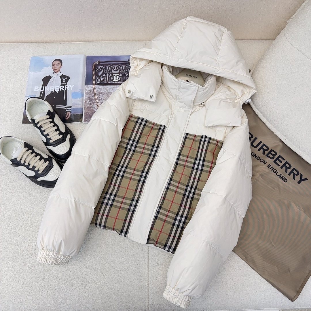 Burberry Checked-Panel Hooded Puffer Jacket — front