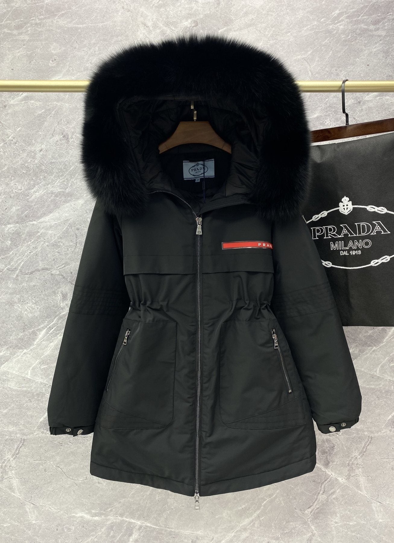 Prada Fur-Trim Hood Long Down Jacket — front