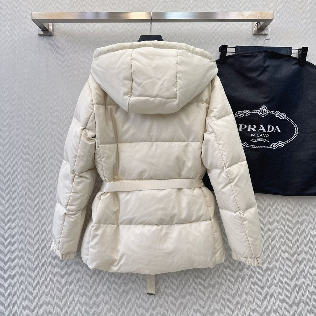 Prada Belted Hooded Puffer Jacket — context