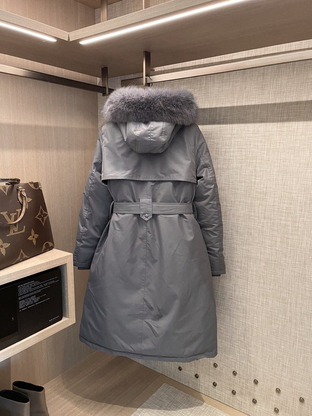 Prada Fur-Trim Hood Belted Long Down Jacket — back