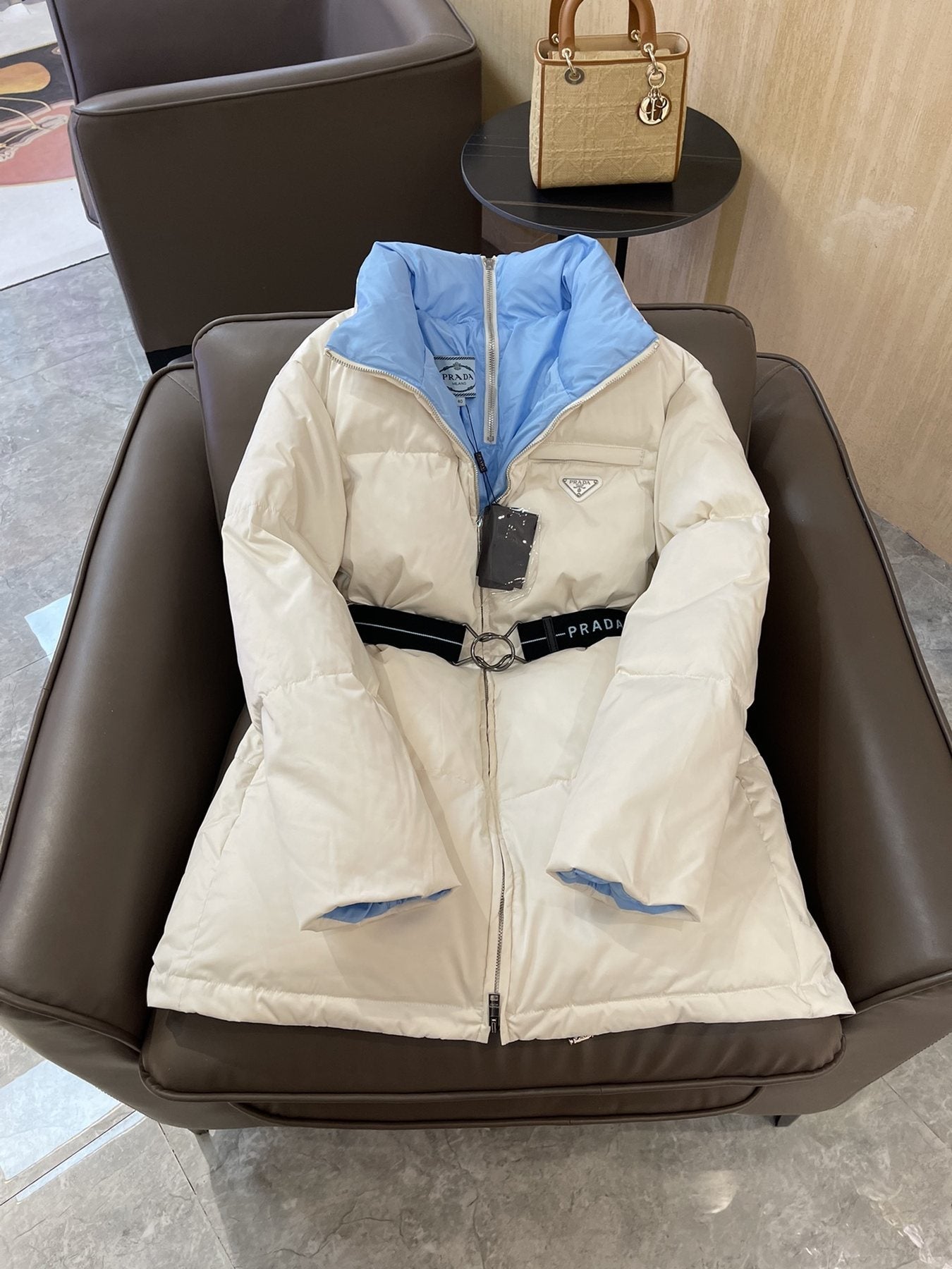 Prada Reversible Belted Long Puffer Jacket — front