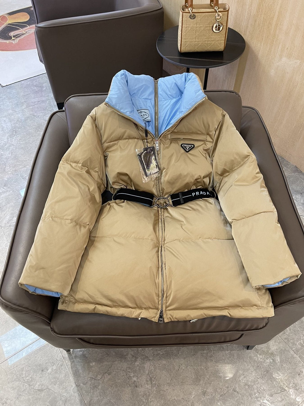 Prada Reversible Belted Long Puffer Jacket — front