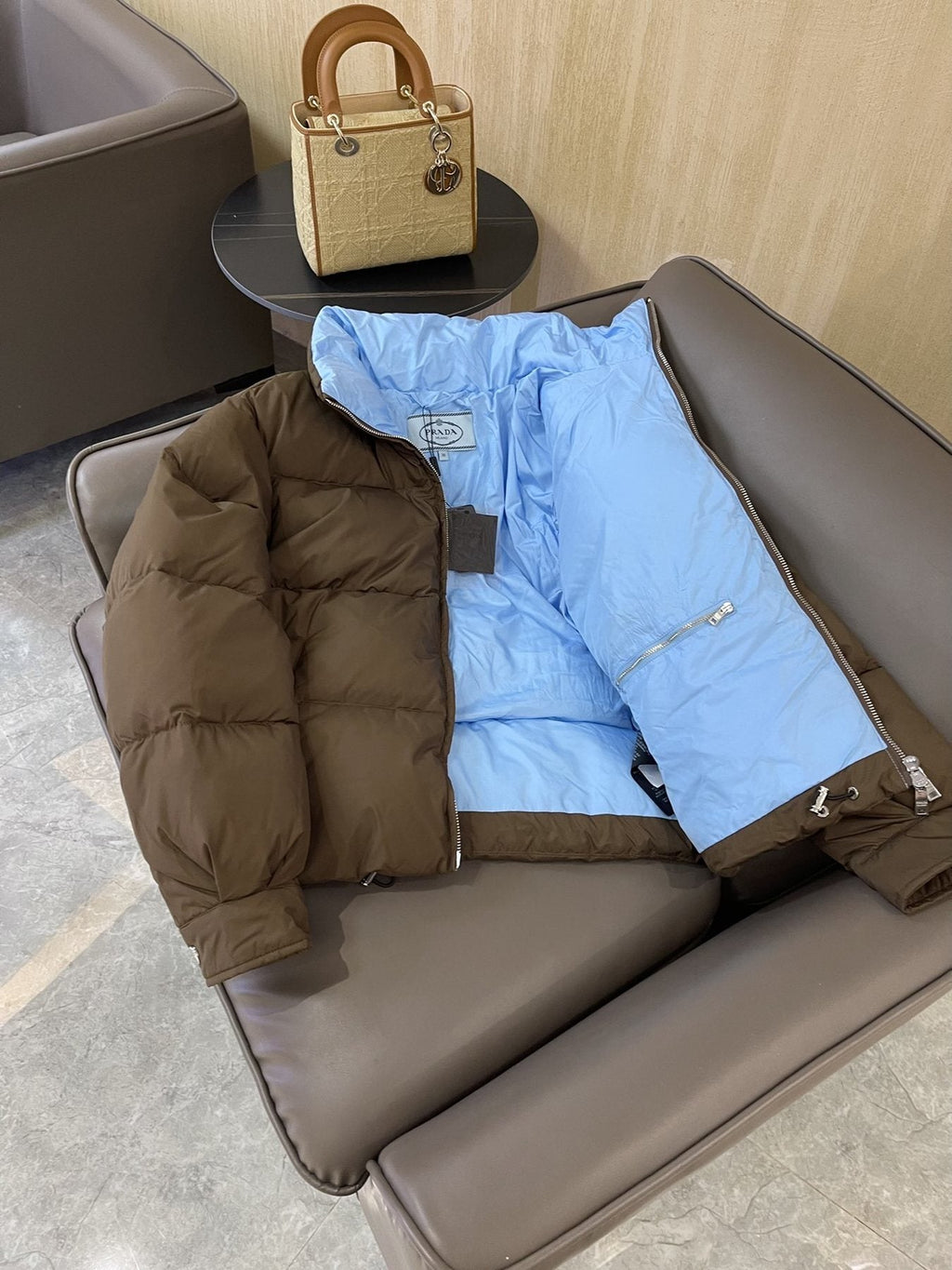Prada Reversible Cropped Puffer Jacket with Removable Bow Scarf — detail