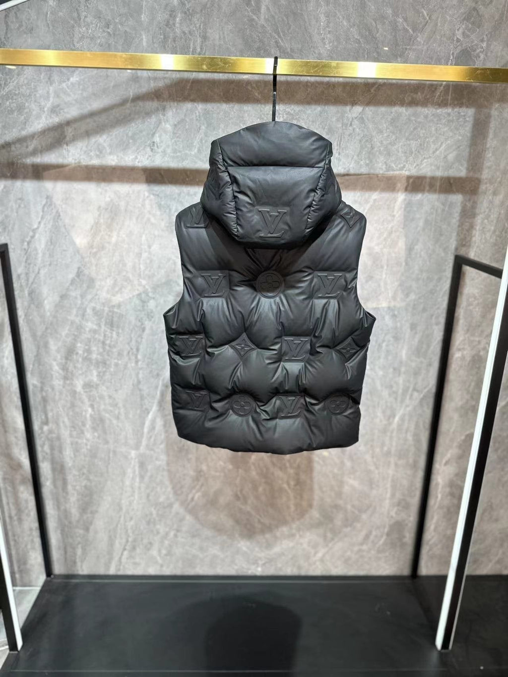 LV Tonal Monogram Hooded Quilted Vest — back