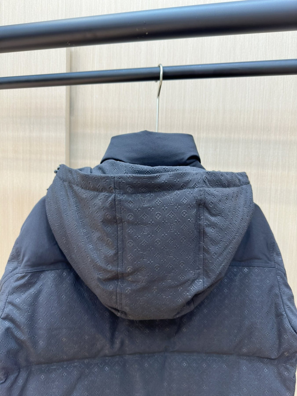 LV Tonal Pattern Hooded Puffer Coat — detail
