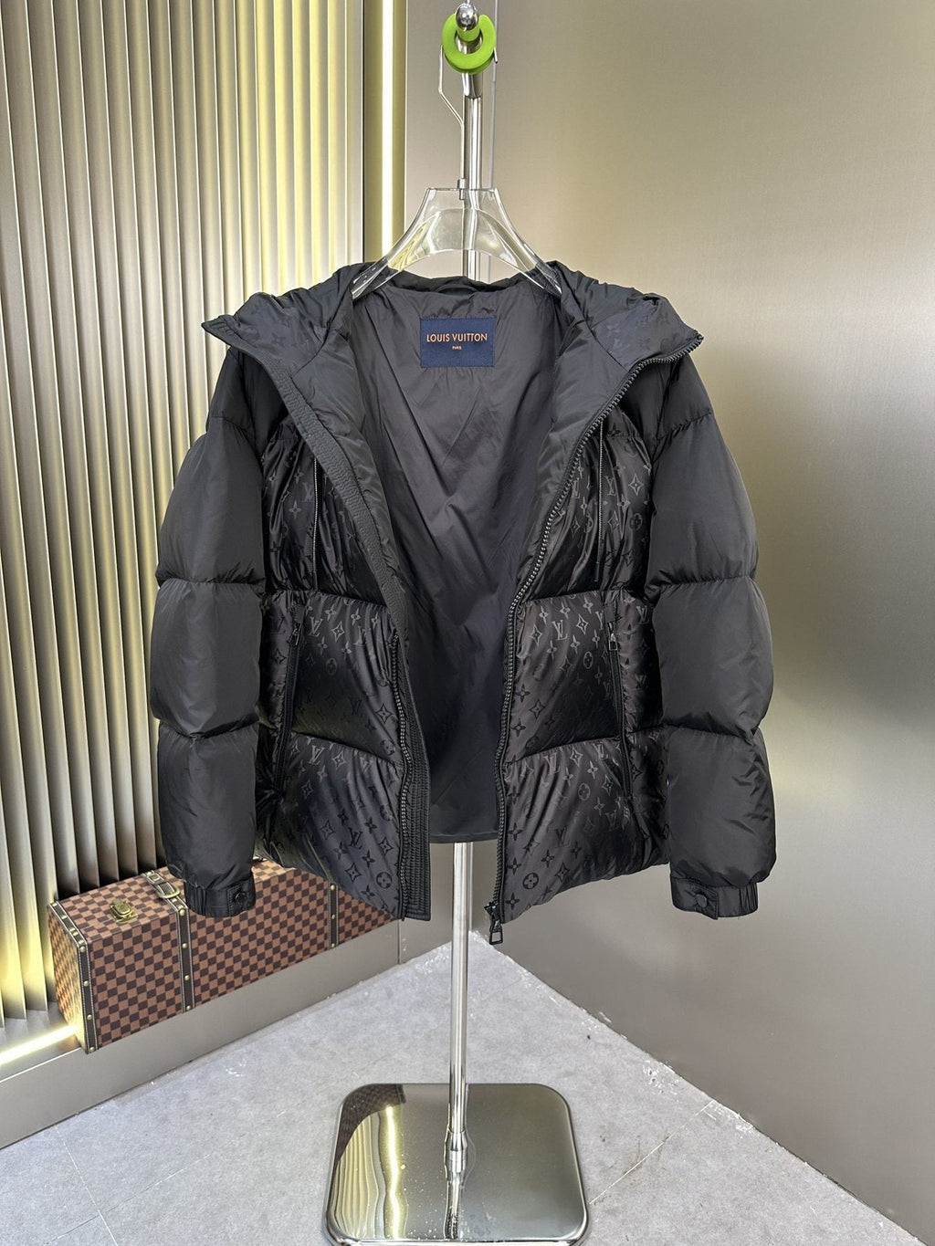 LV Hooded Monogram-Panel Puffer Coat — detail