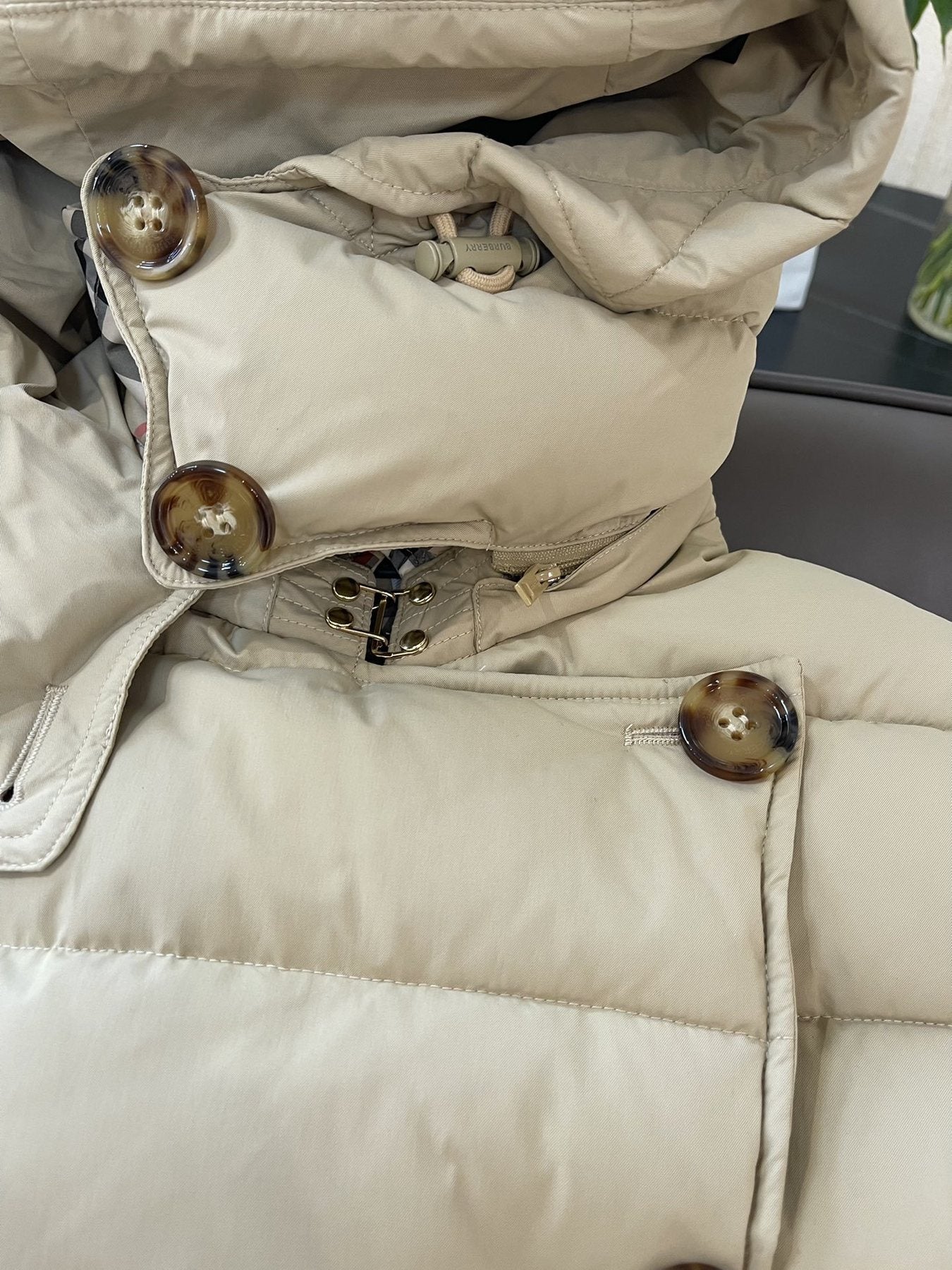 Burberry Belted Double-Breasted Long Down Jacket — detail