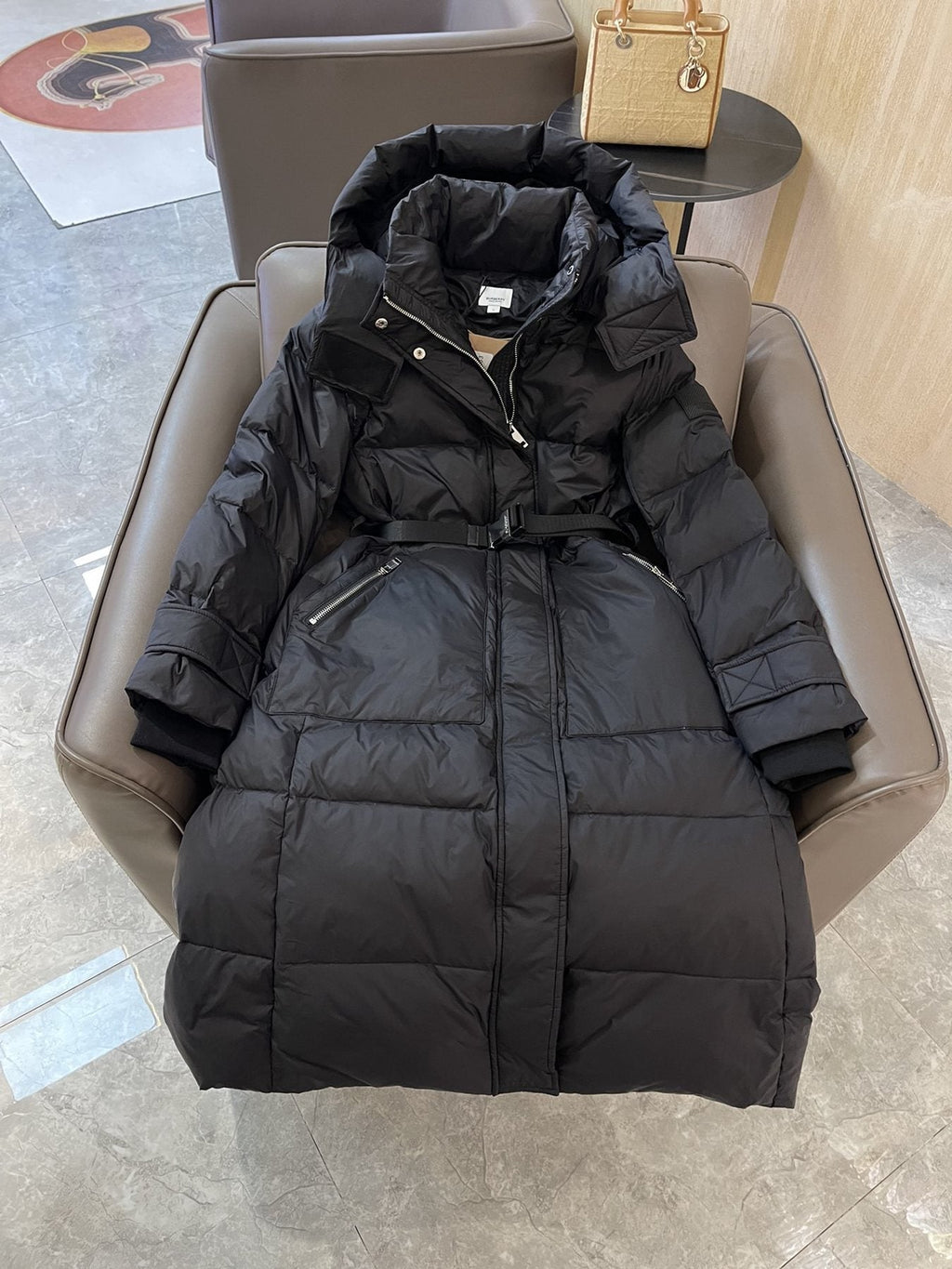 Burberry Hooded Belted Long Down Jacket — detail