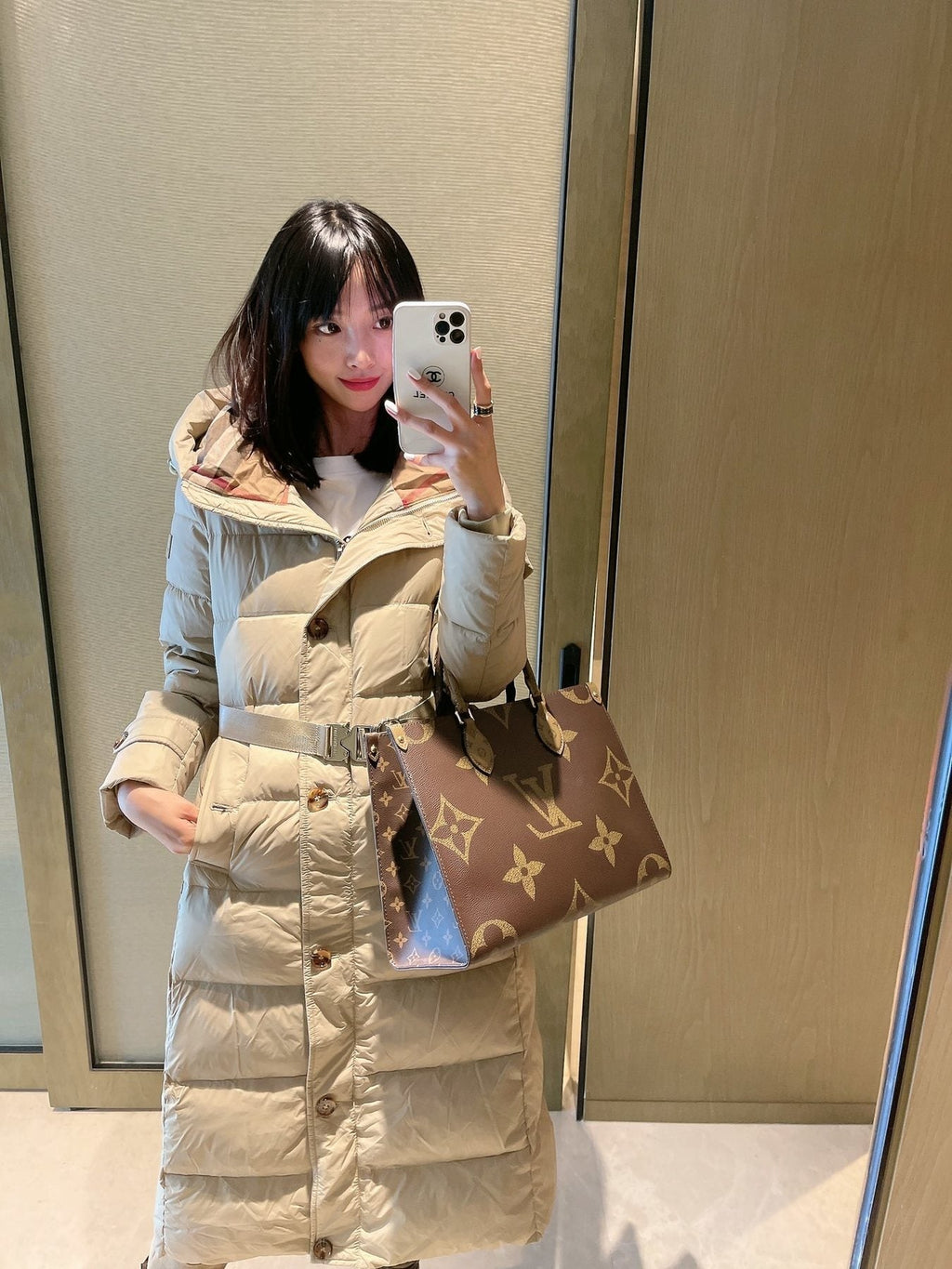 Burberry Belted Hooded Long Puffer Jacket — context