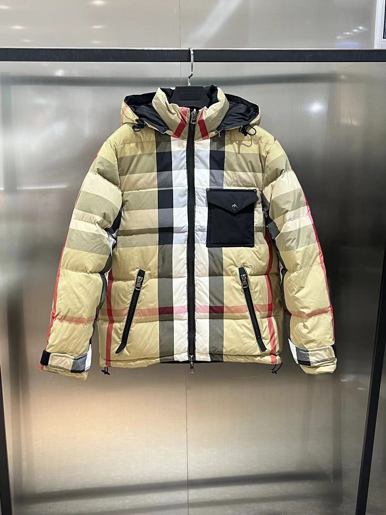 Burberry Beige Check Hooded Puffer Jacket — front