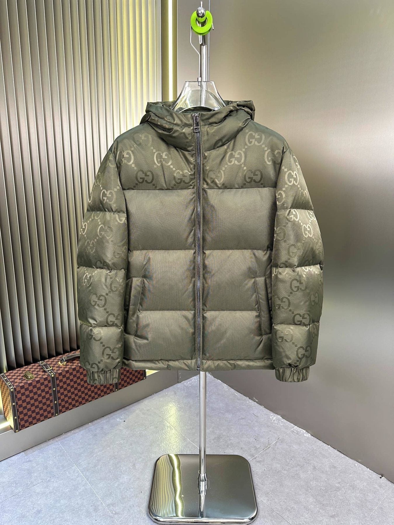 GUCCI Hooded Patterned-Panel Puffer Jacket — front