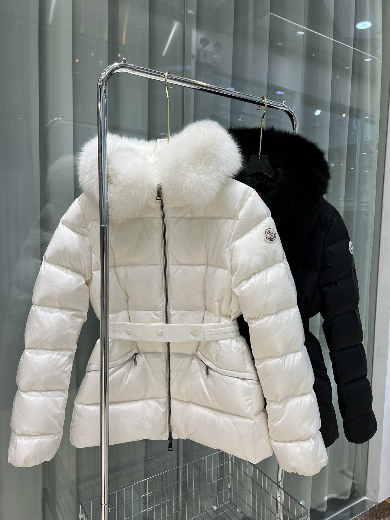 Moncler Fur-Trim Hood Belted Puffer Coat — comparison