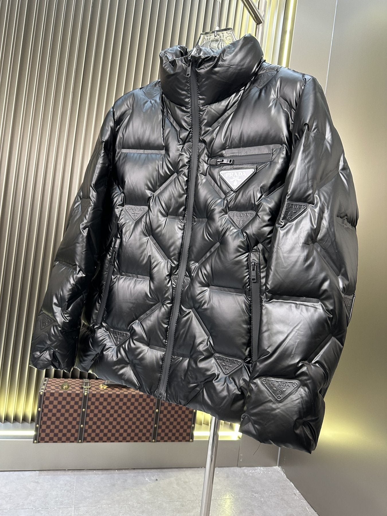 Prada Glossy Diagonal-Quilt Puffer Jacket — front