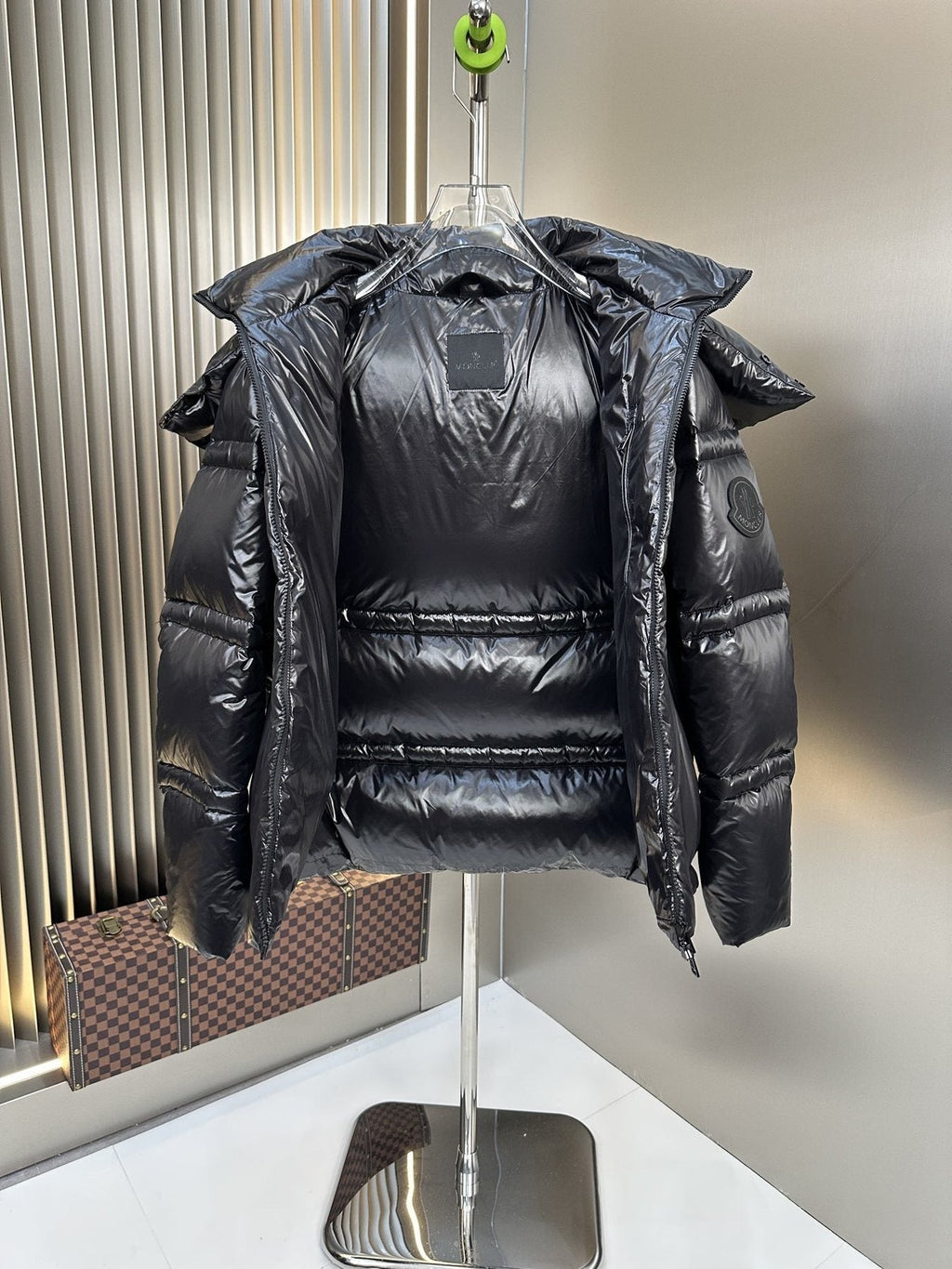 Moncler Black Glossy Hooded Puffer Coat — detail