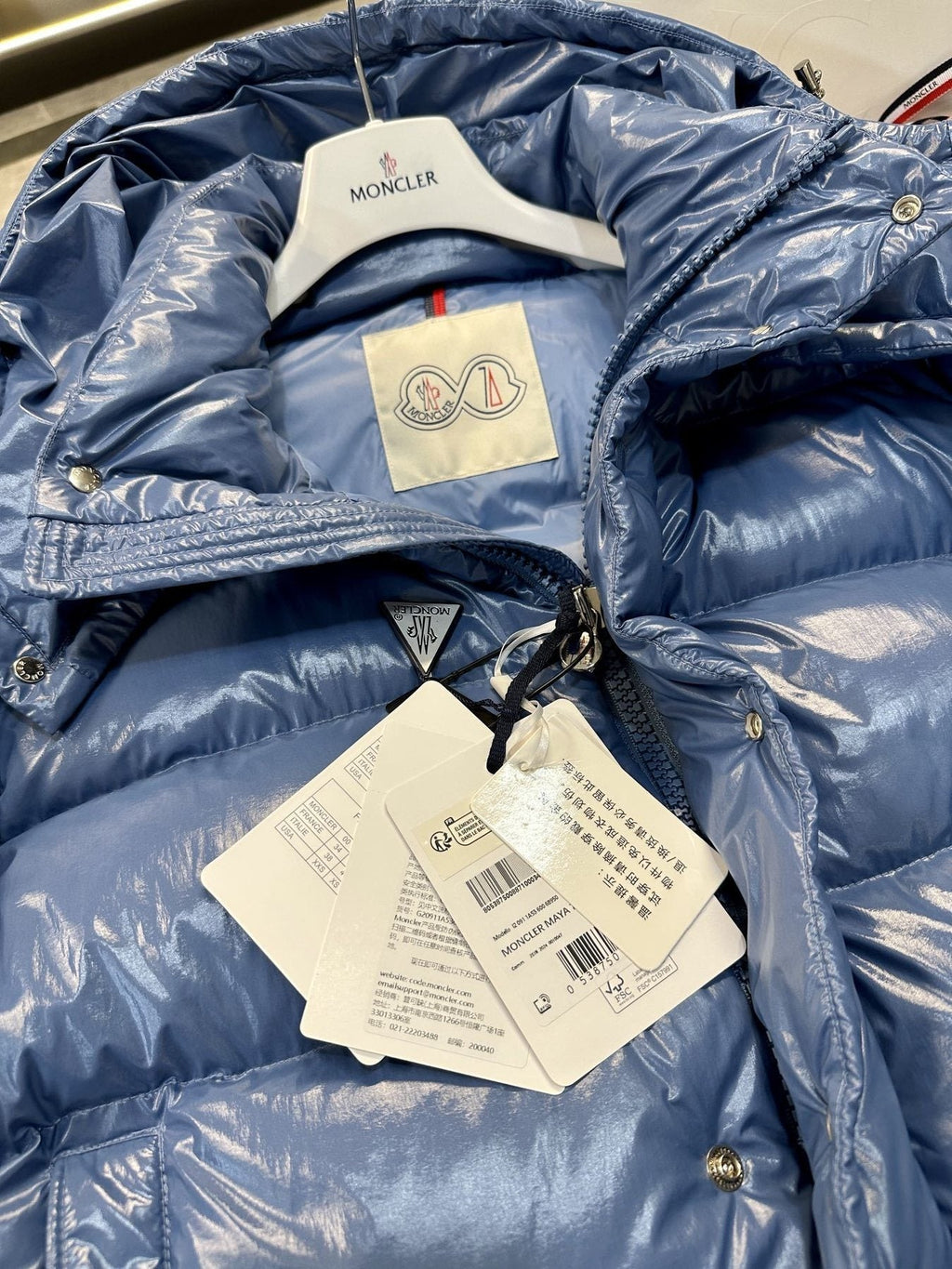 Moncler Maya 70 High-Shine Hooded Puffer Coat — hang_tag