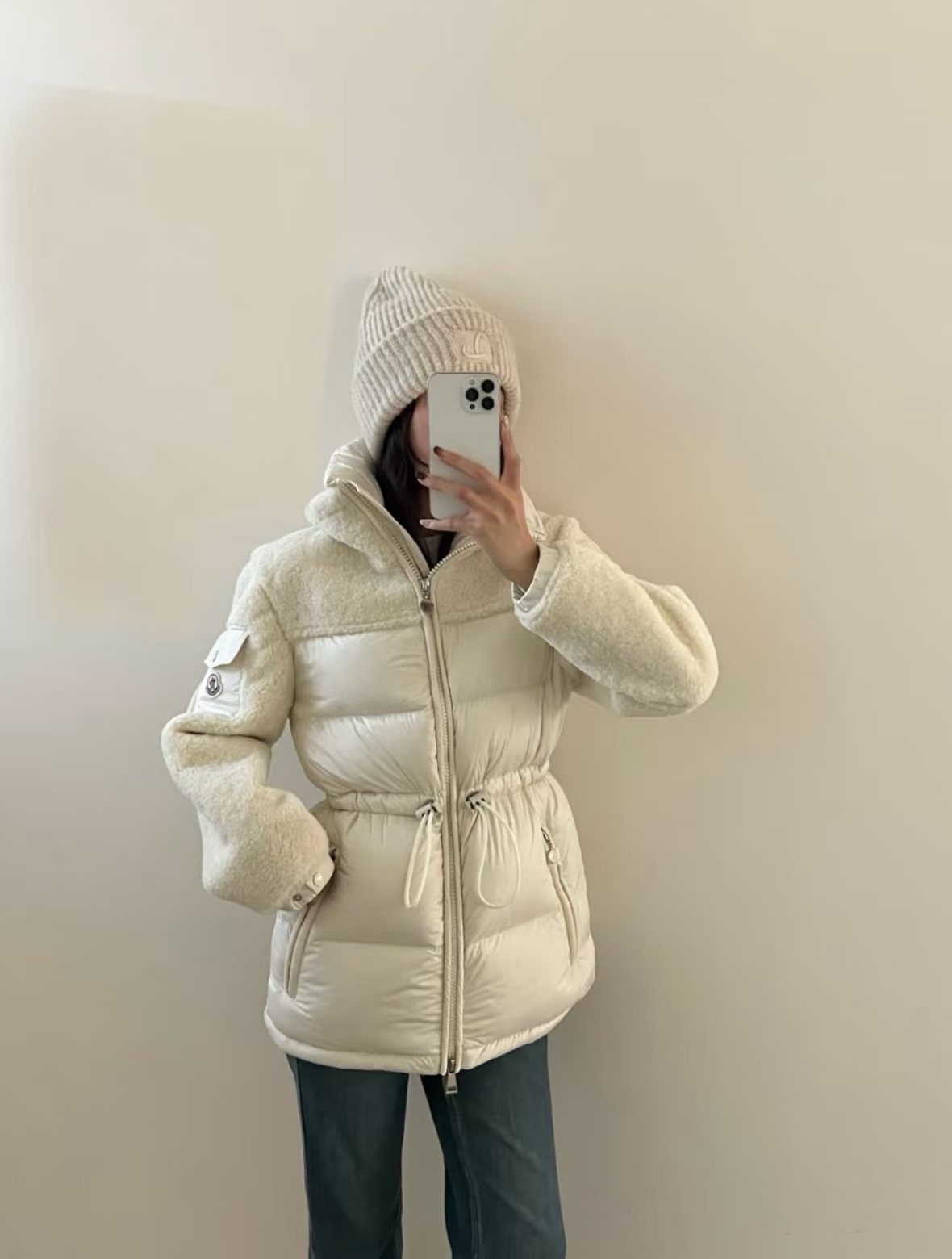 Moncler White Mixed-Panel Puffer Coat — context