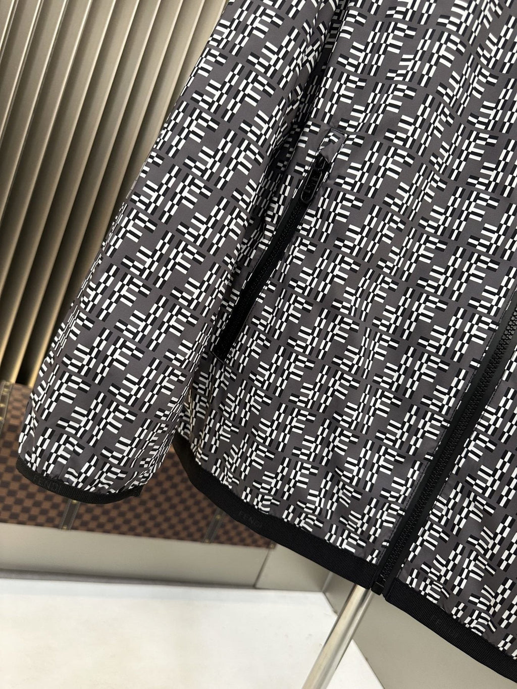 Fendi Black and White Pattern Hooded Zip-Front Jacket — fabric_closeup
