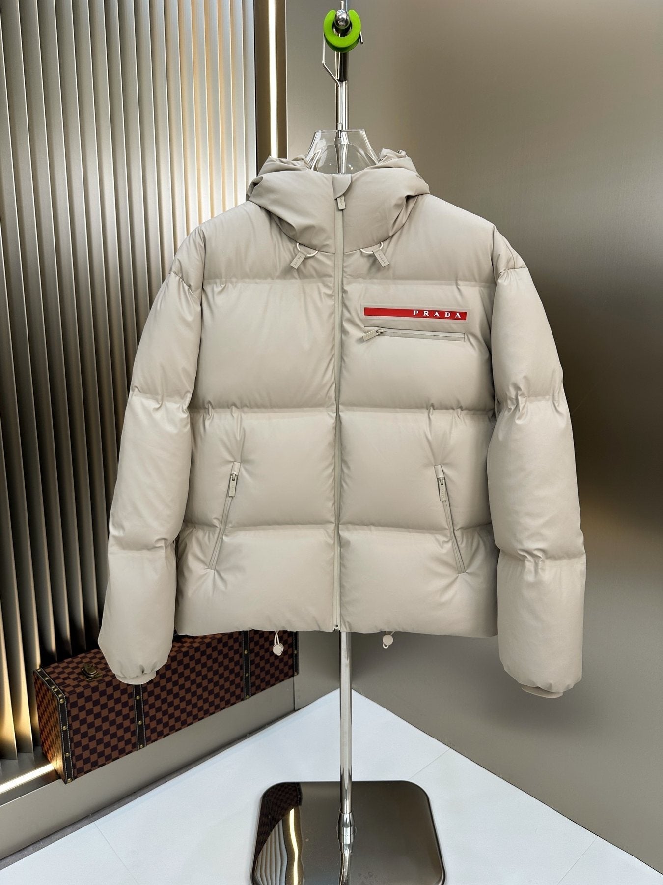 Prada Hooded Puffer Jacket with Red Chest Trim — front