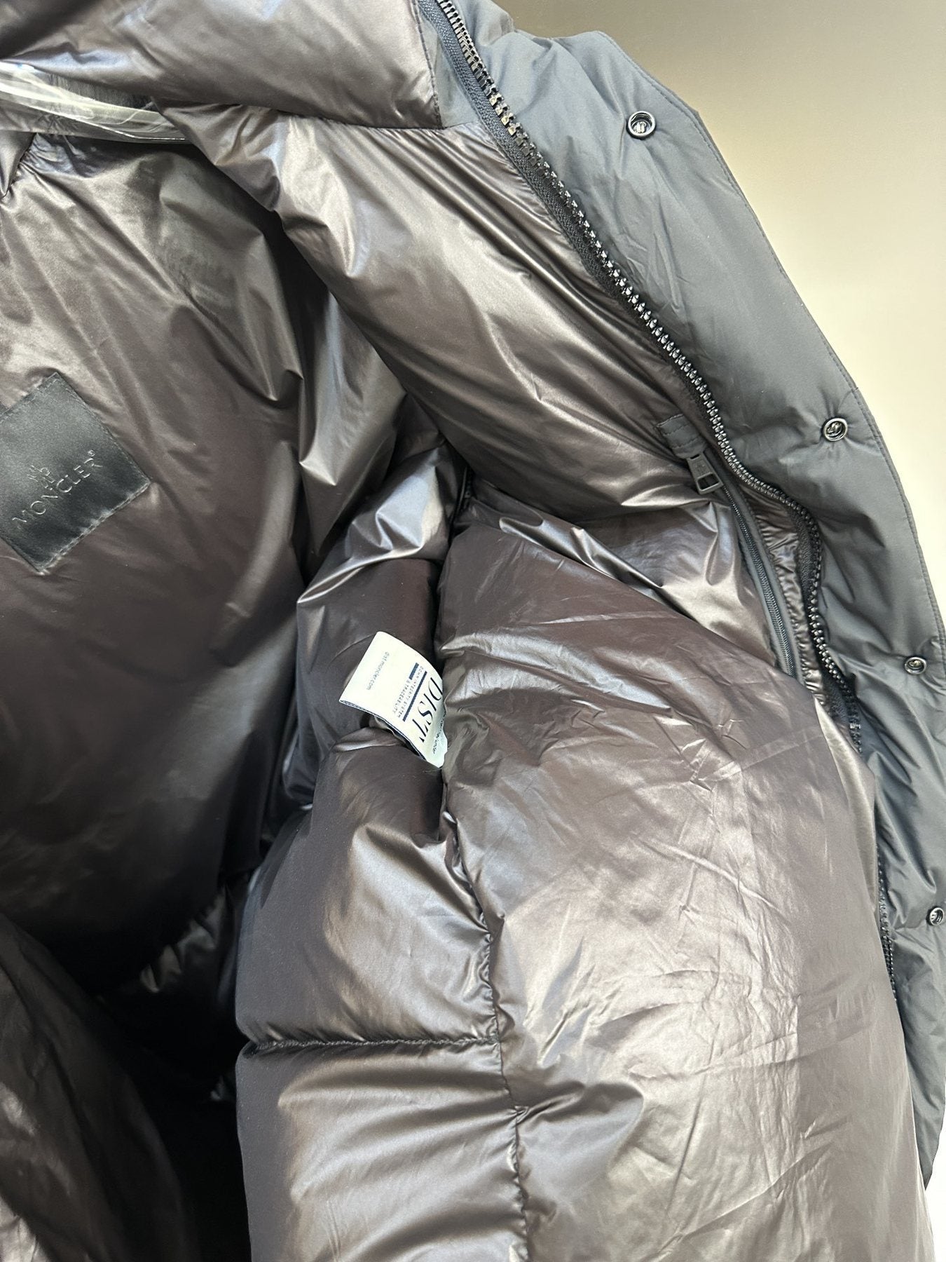 Moncler Charcoal Grey Long Hooded Puffer Coat — hang_tag